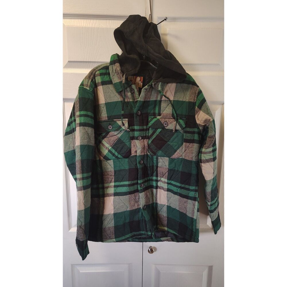 Op Ocean Pacific Quilted Plaid Flannel Hooded Jacket Small Green Black Shacket S